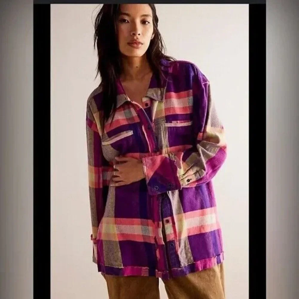 Free People So Long Summer Plaid Flannel Button Down Size Small Pink Purple‎ NEW